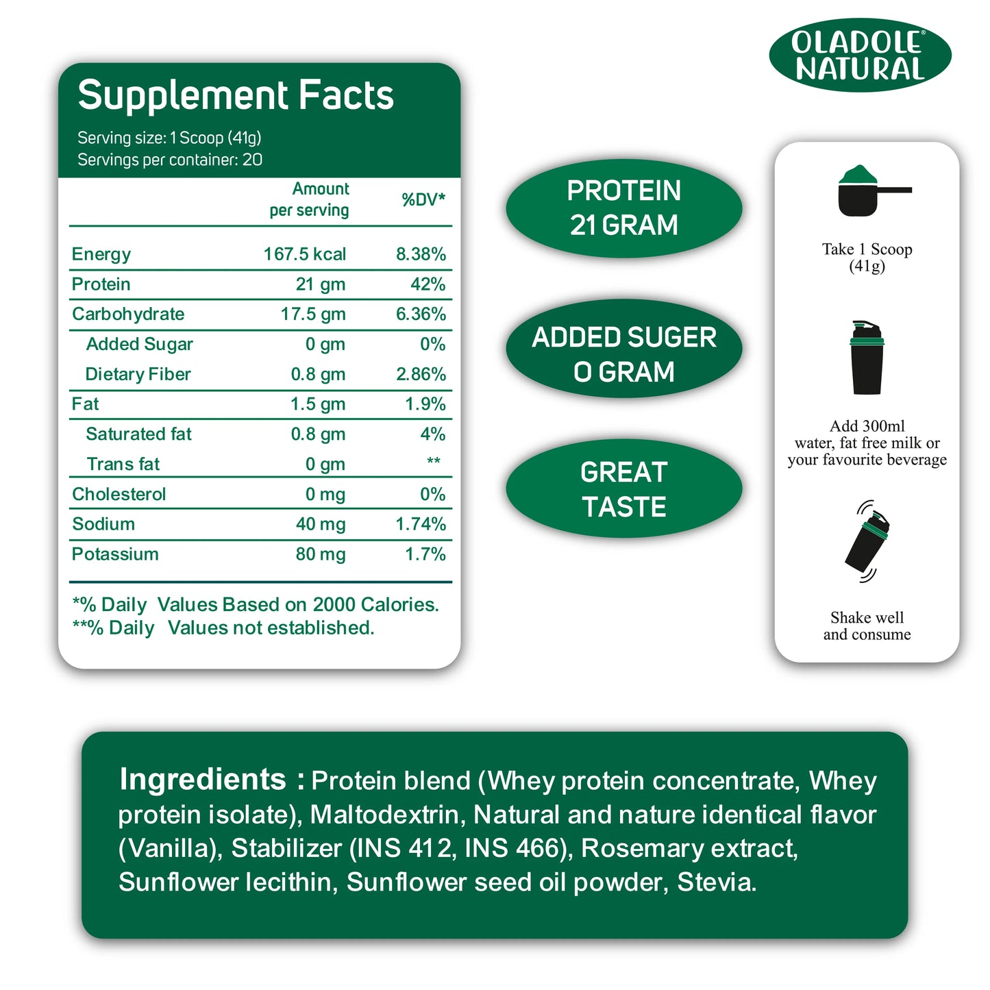 Oladole Natural Pure Whey Protein Powder Vanilla Supplement Facts