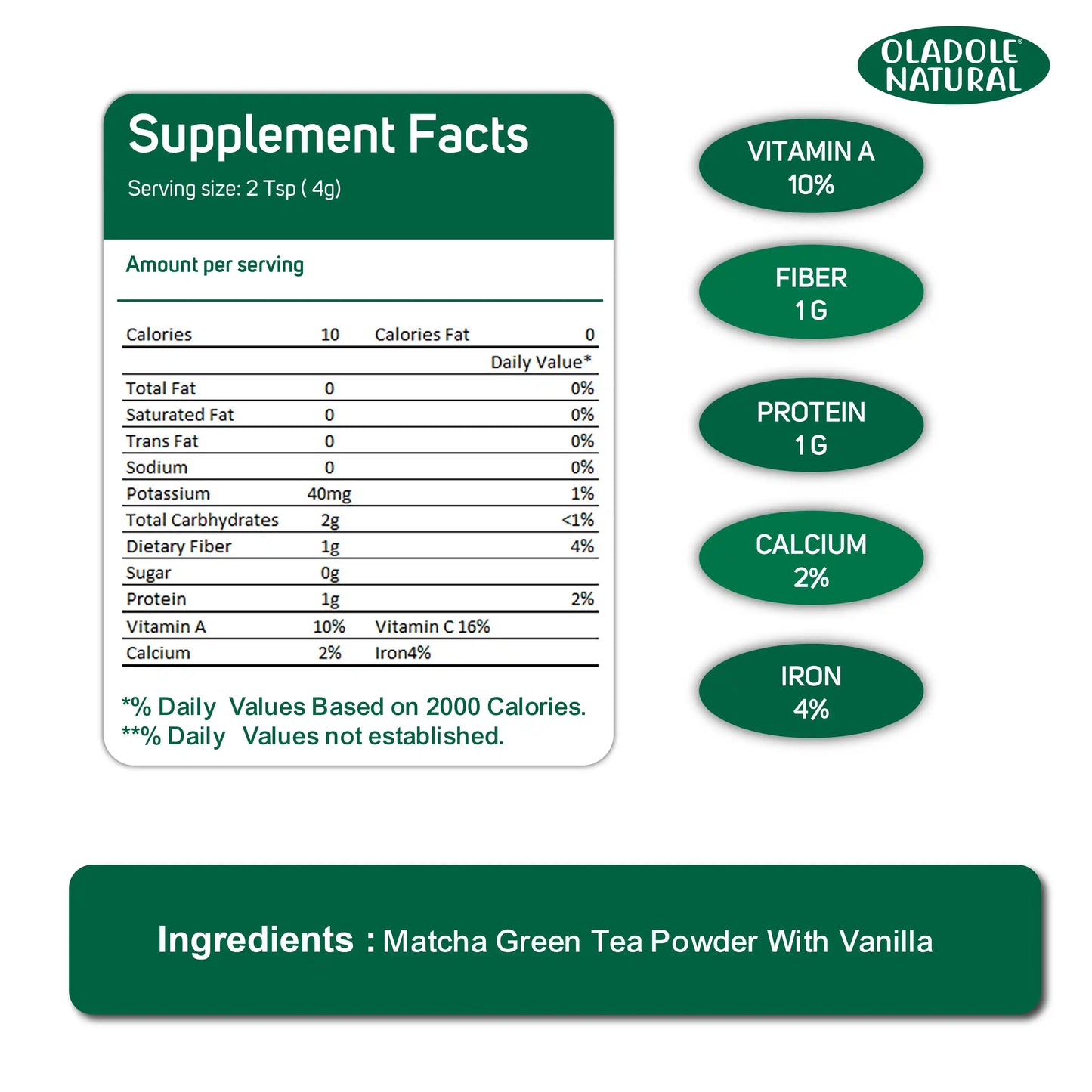Oladole Natural Vanilla Matcha Green Tea Powder 50g