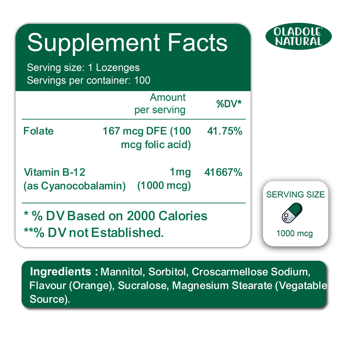 Oladole Natural Vitamin B-12 (1000mcg) - 100 Lozenges
