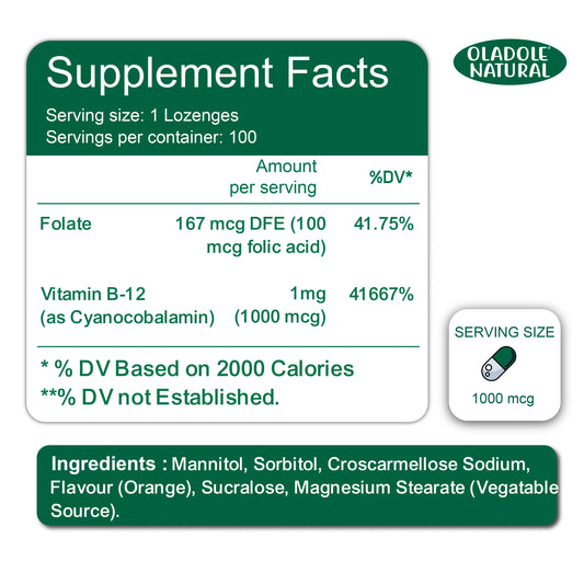 Oladole Natural Vitamin B-12 (1000mcg) - 100 Lozenges