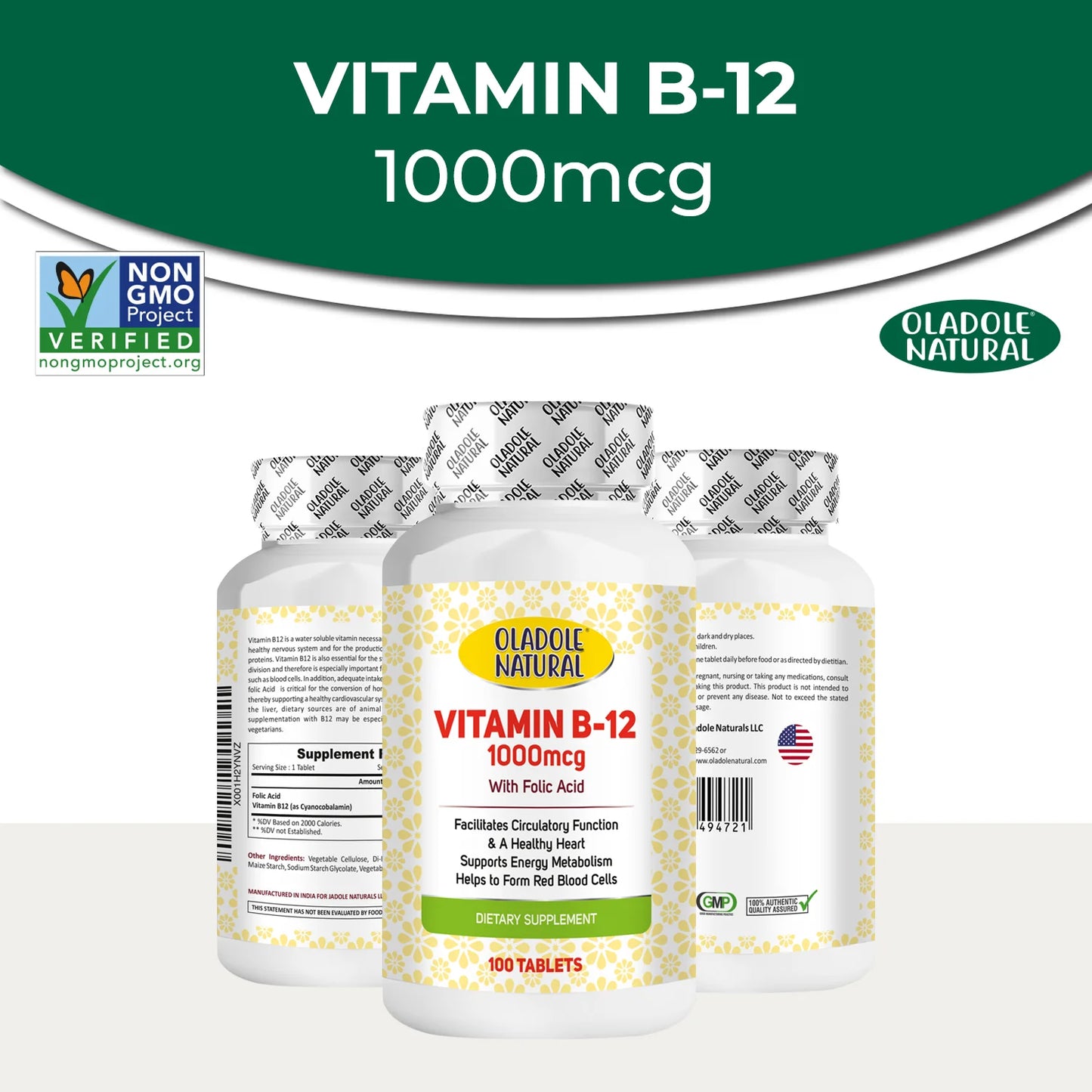 Oladole Natural Vitamin B-12 with Folic Acid, 1000mcg 100 Tablets