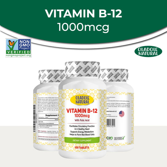 Oladole Natural Vitamin B-12 with Folic Acid, 1000mcg 100 Tablets
