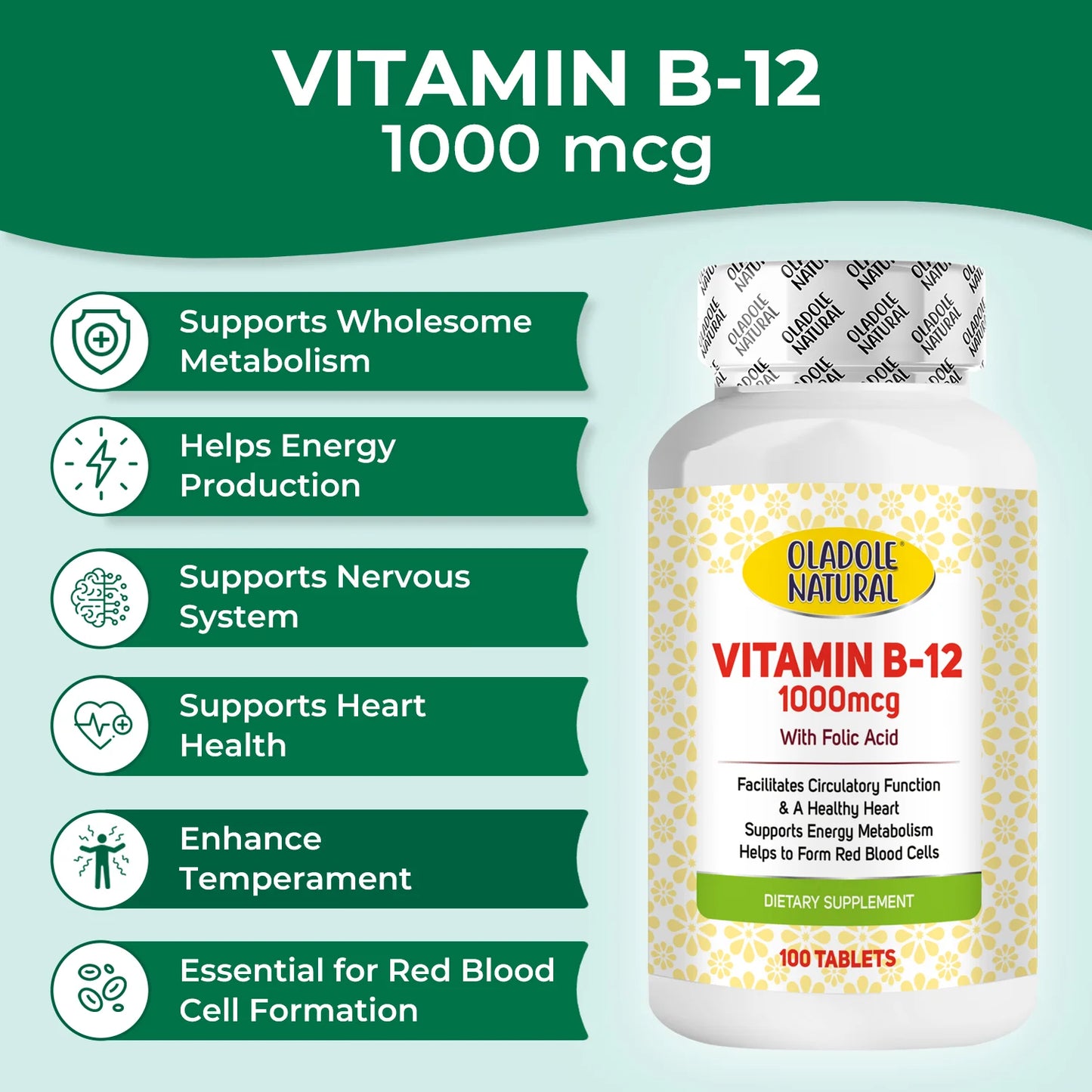 Oladole Natural Vitamin B-12 with Folic Acid, 1000mcg 100 Tablets