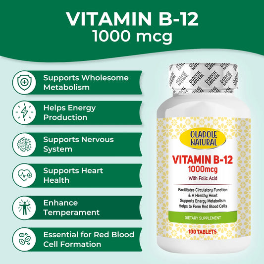Oladole Natural Vitamin B-12 with Folic Acid, 1000mcg 100 Tablets