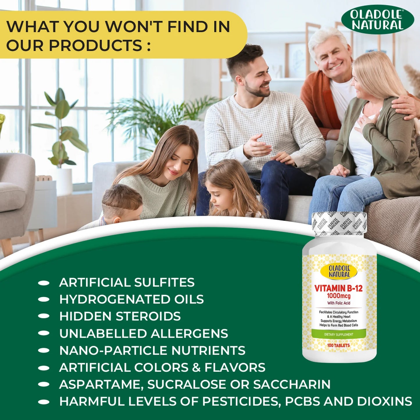 Oladole Natural Vitamin B-12 with Folic Acid, 1000mcg 100 Tablets
