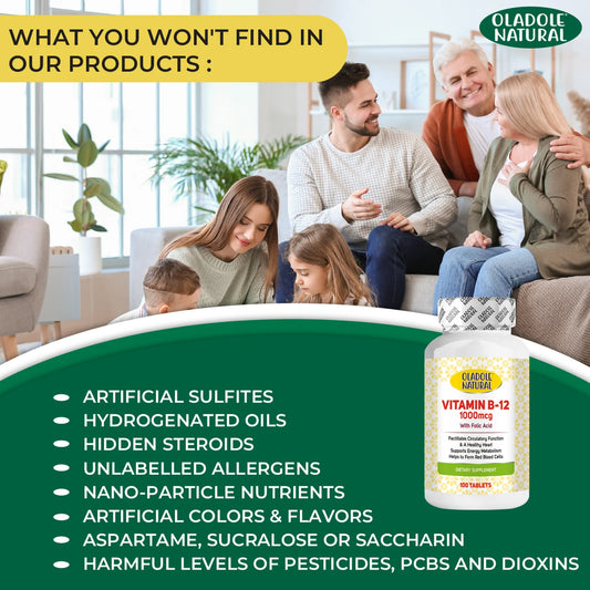 Oladole Natural Vitamin B-12 with Folic Acid, 1000mcg 100 Tablets