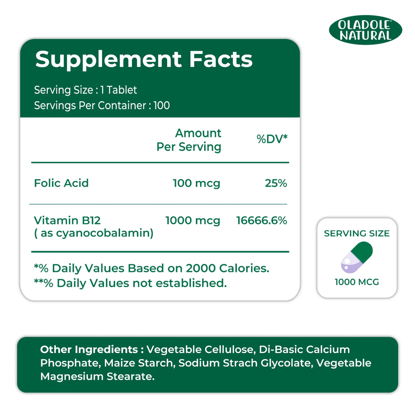 Oladole Natural Vitamin B-12 with Folic Acid, 1000mcg 100 Tablets