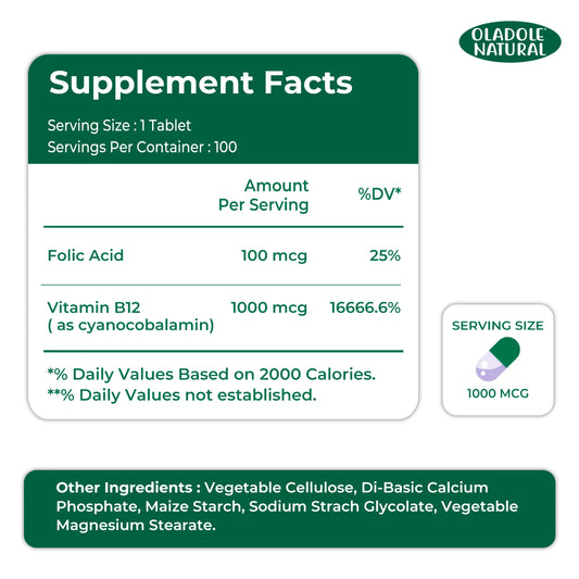 Oladole Natural Vitamin B-12 with Folic Acid, 1000mcg 100 Tablets
