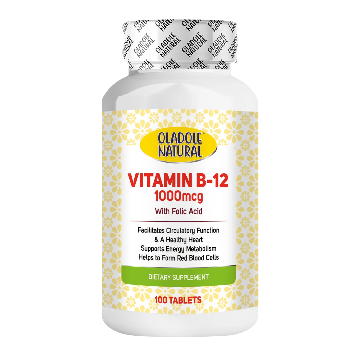 Oladole Natural Vitamin B-12 with Folic Acid, 1000mcg 100 Tablets