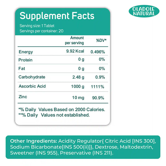 Oladole Natural Vitamin C Effervescent + Zinc Orange Flavor- 1000mg (20 Tablets)