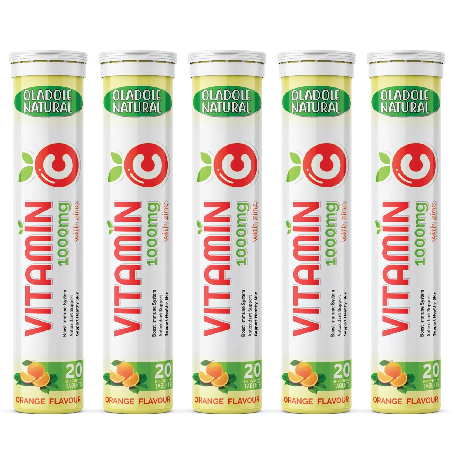أولادول فيتامين سي الطبيعي الفوار + زنك بنكهة البرتقال - 1000 ملغ (20 قرصًا) عبوة من 6 أقراص