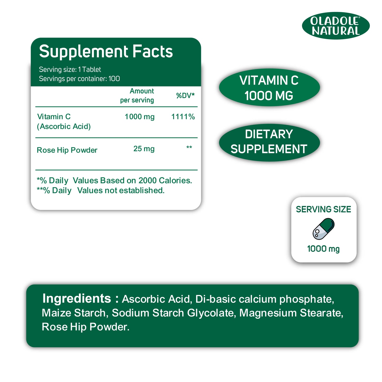 Oladole Natural Vitamin C 1000 mg with Rose Hips 100 Tablets