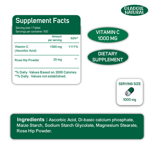 Oladole Natural Vitamin C 1000 mg with Rose Hips 100 Tablets
