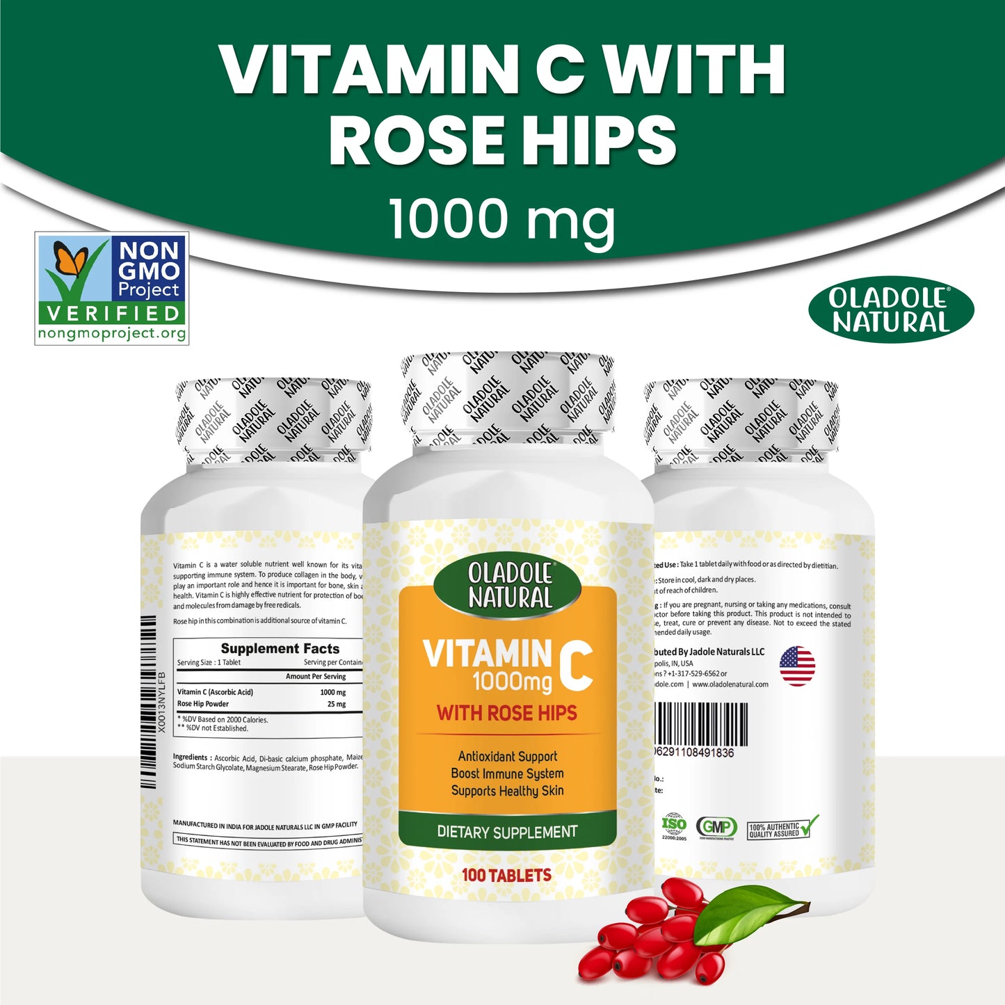 Oladole Natural Vitamin C 1000 mg with Rose Hips 100 Tablets