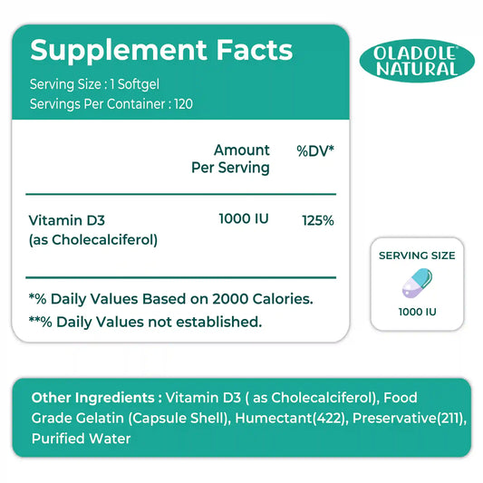 Oladole Natural Vitamin D3 1000 iu 120 Softgels