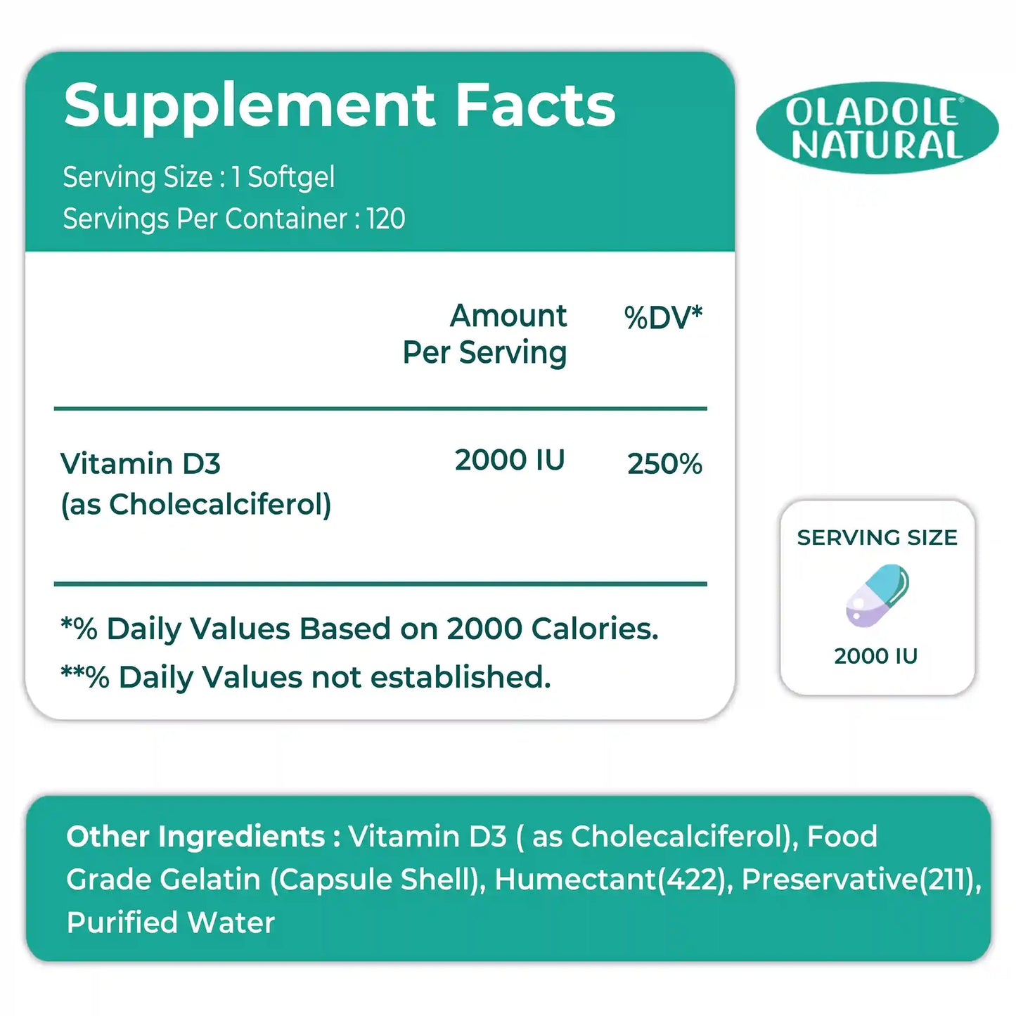 Oladole Natural Vitamin D3 2000 iu 120 Softgel