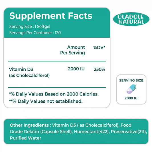 Oladole Natural Vitamin D3 2000 iu 120 Softgel