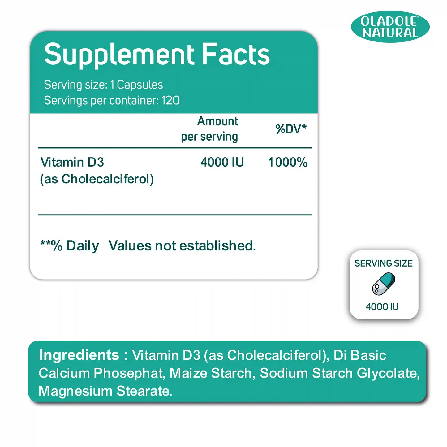 Oladole Natural Vitamin D3 4000 iu High Potency 120 Tablets