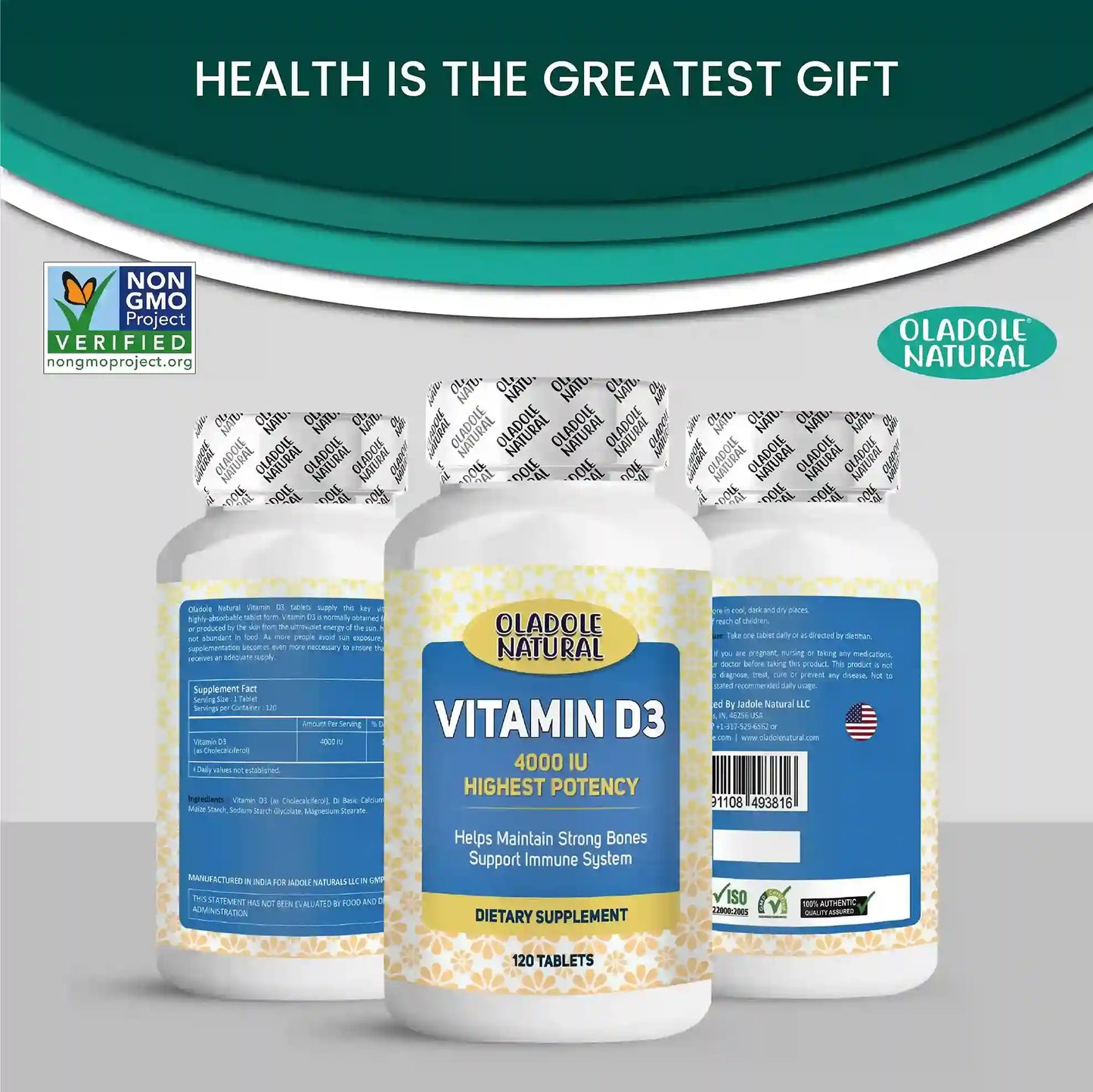 Oladole Natural Vitamin D3 4000 iu High Potency 120 Tablets