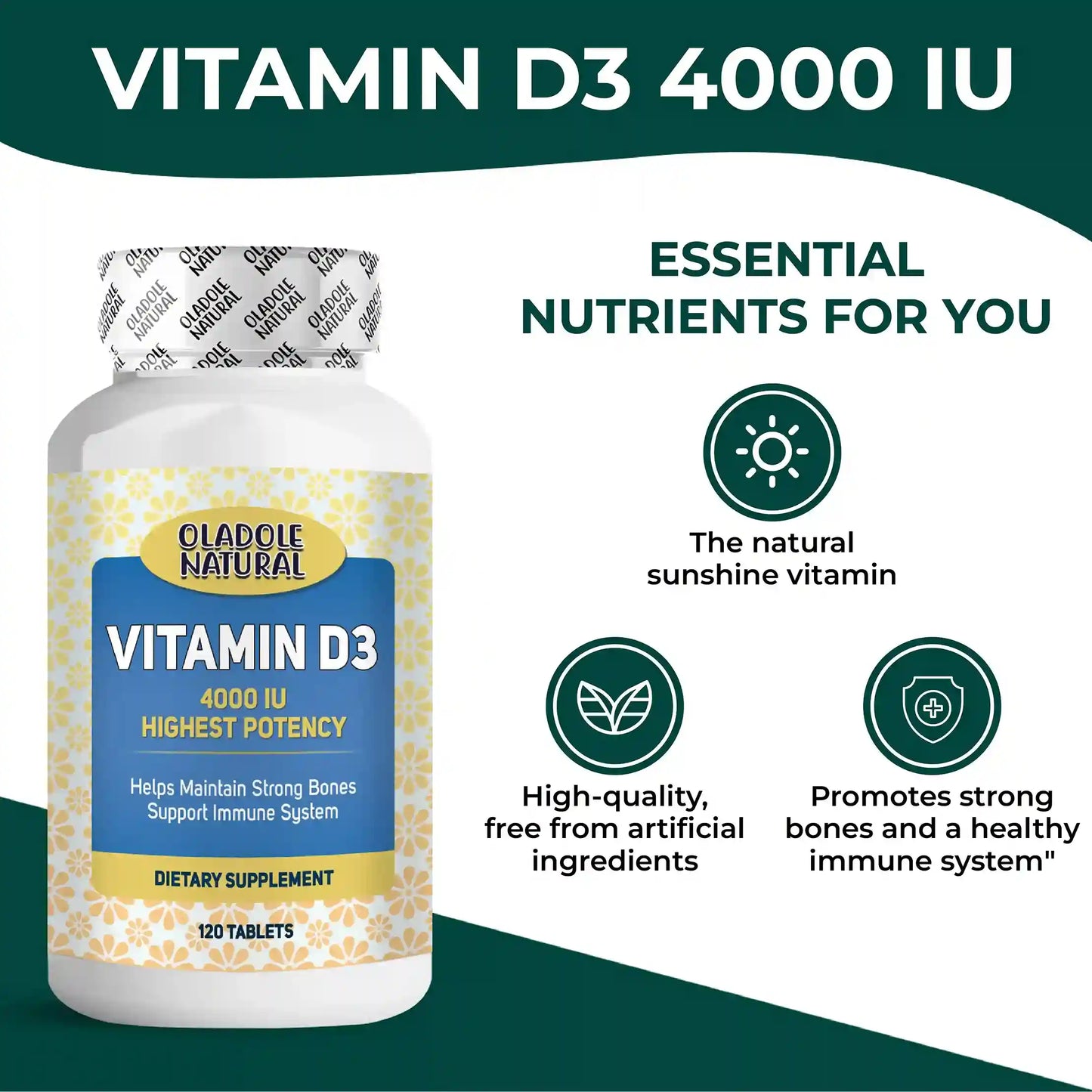 Oladole Natural Vitamin D3 4000 iu High Potency 120 Tablets