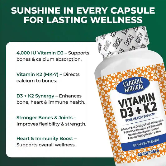 Oladole Natural Vitamin D3 5000 IU + K2 Bone Health Support 60 Softgels