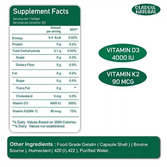 Oladole Natural Vitamin D3 5000 IU + K2 Bone Health Support 60 Softgels