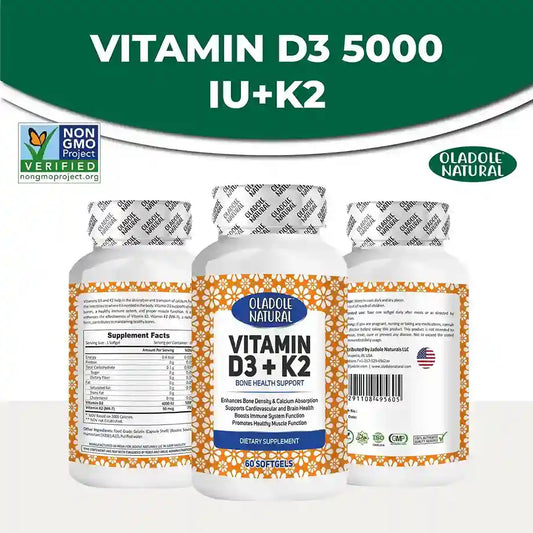 Oladole Natural Vitamin D3 5000 IU + K2 Bone Health Support 60 Softgels