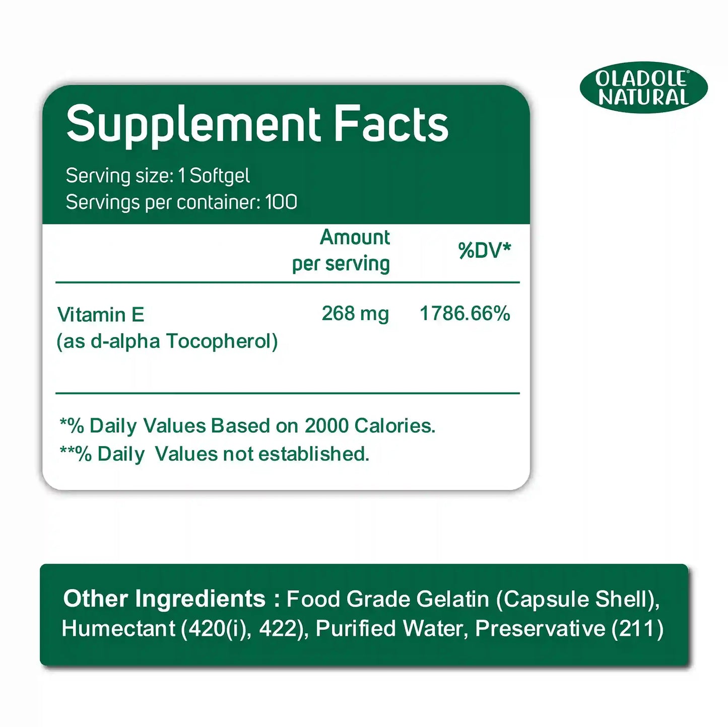 Oladole Natural Vitamin E 400 D-Alpha Tocopherol 268mg -100 Softgels