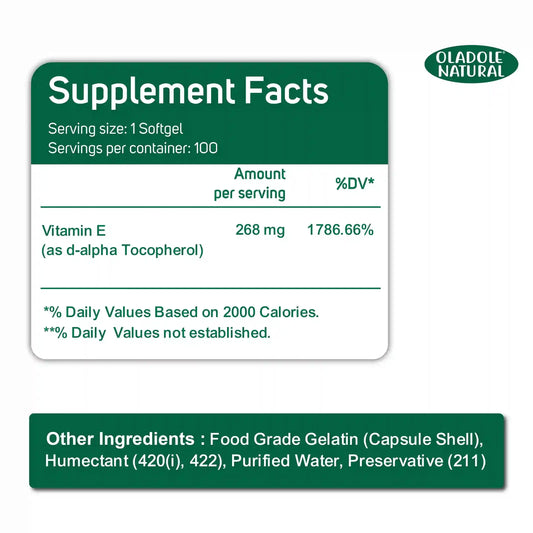 Oladole Natural Vitamin E 400 D-Alpha Tocopherol 268mg -100 Softgels