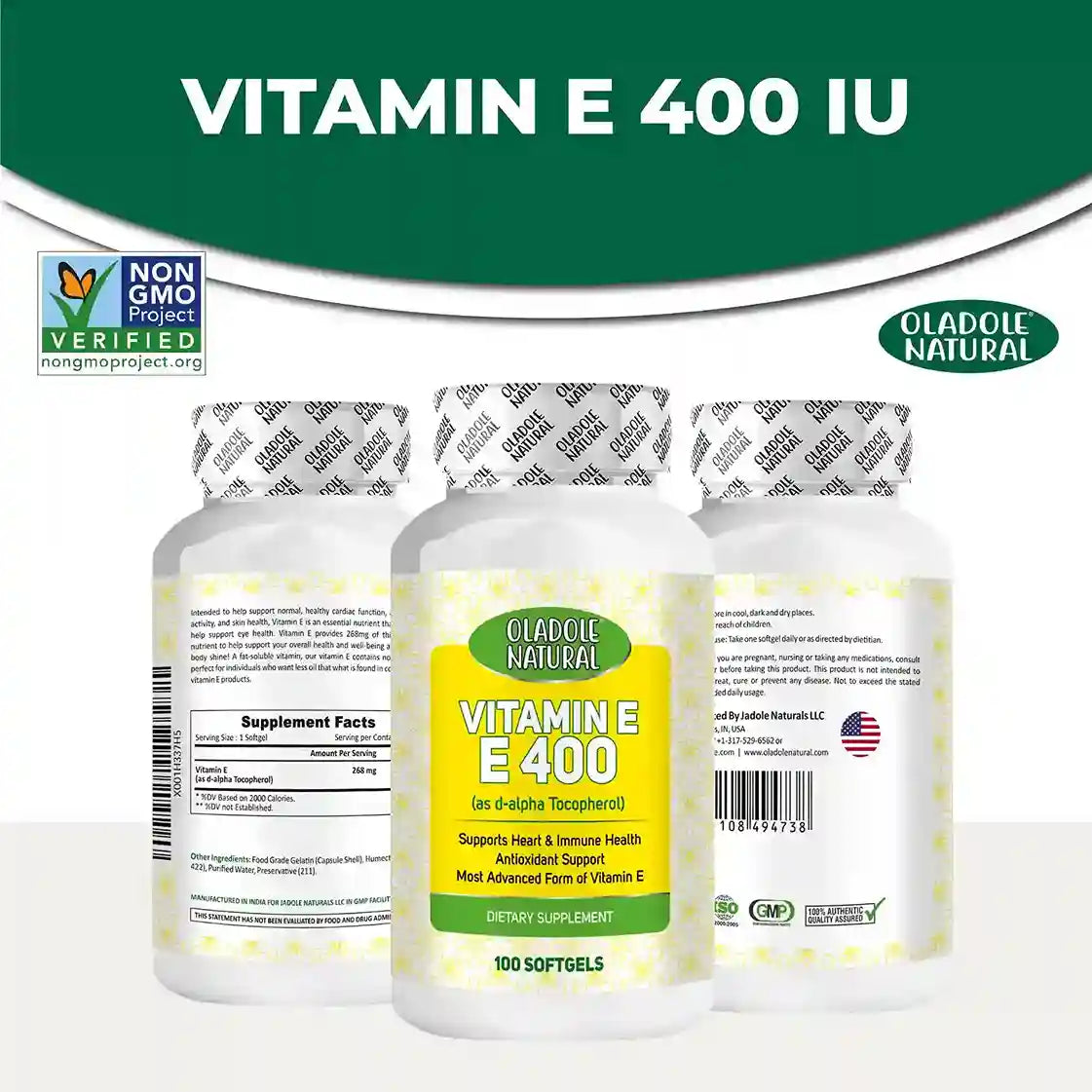 Oladole Natural Vitamin E 400 D-Alpha Tocopherol 268mg -100 Softgels
