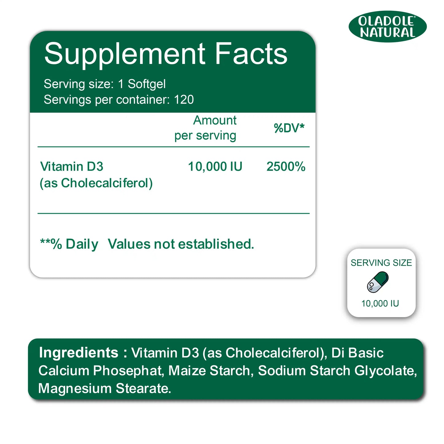 Oladole Natural Vitamin D3 10,000 iu 120 Softgels