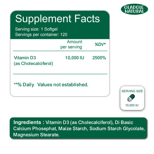 Oladole Natural Vitamin D3 10,000 iu 120 Softgels