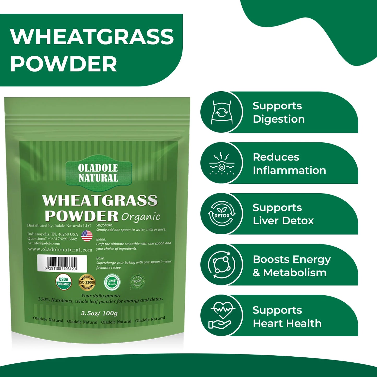Oladole Natural Green package wheatgrass powder  Key Benefits