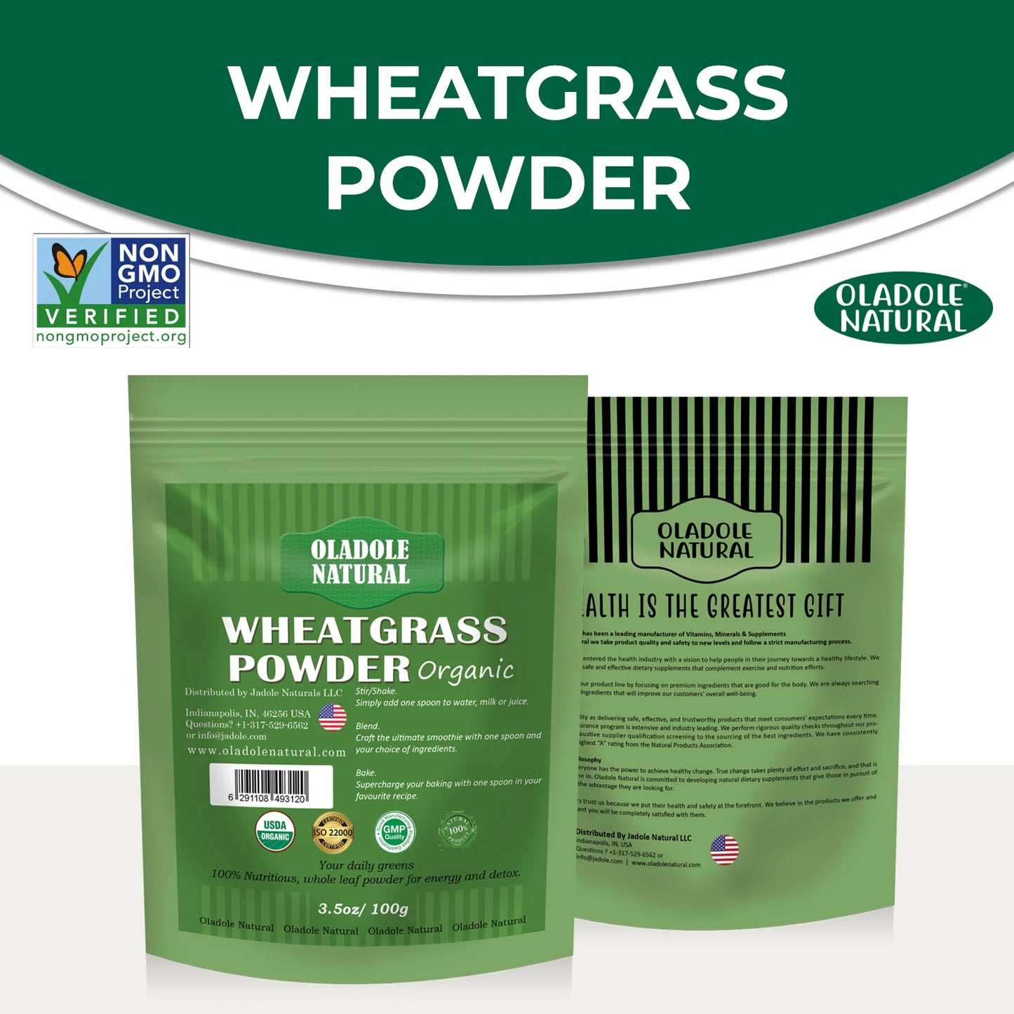 Oladole Natural Green package wheatgrass powder Front And Back