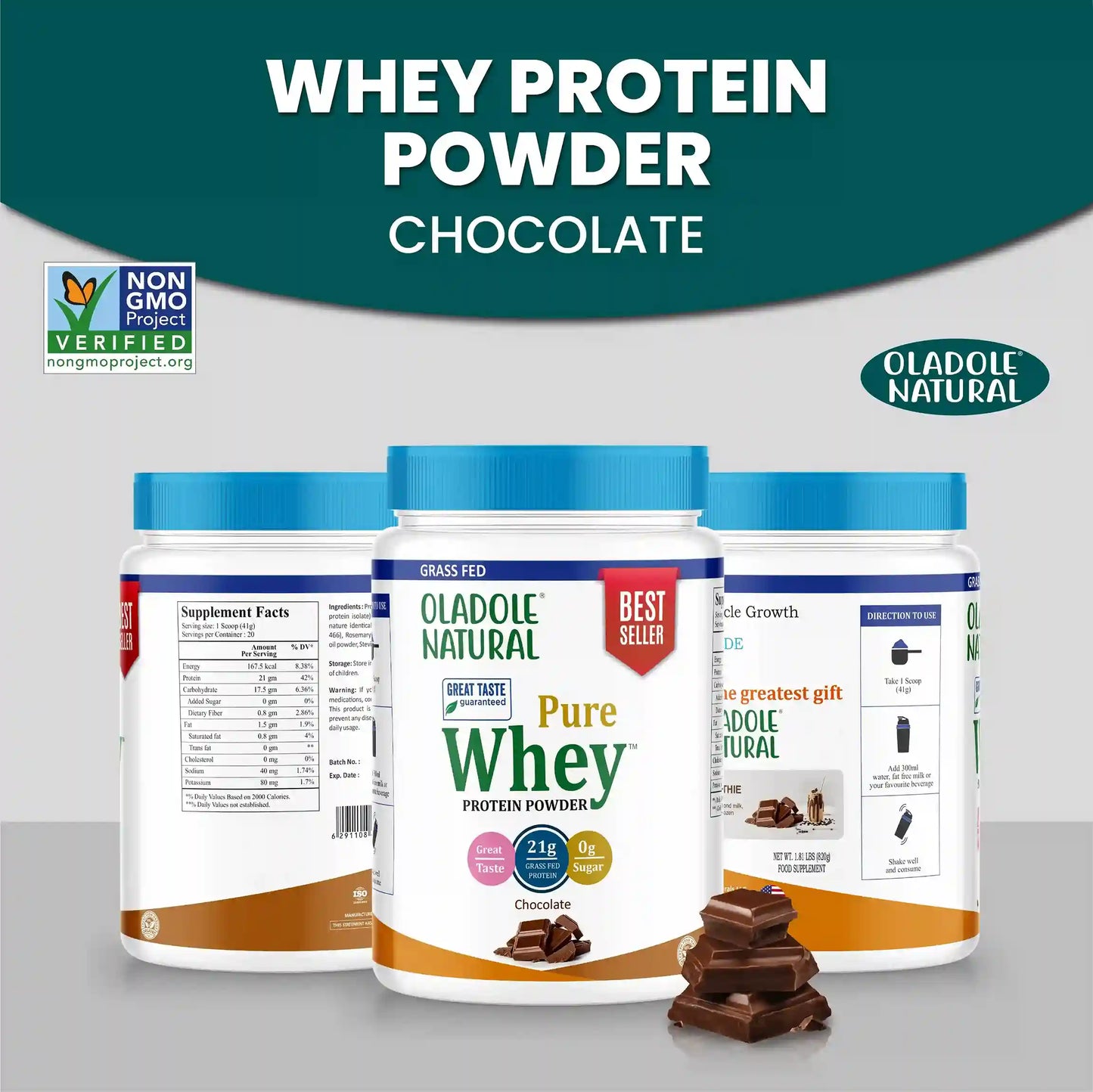 Oladole Natural Whey Protein Powder 820g Chocolate Bean
