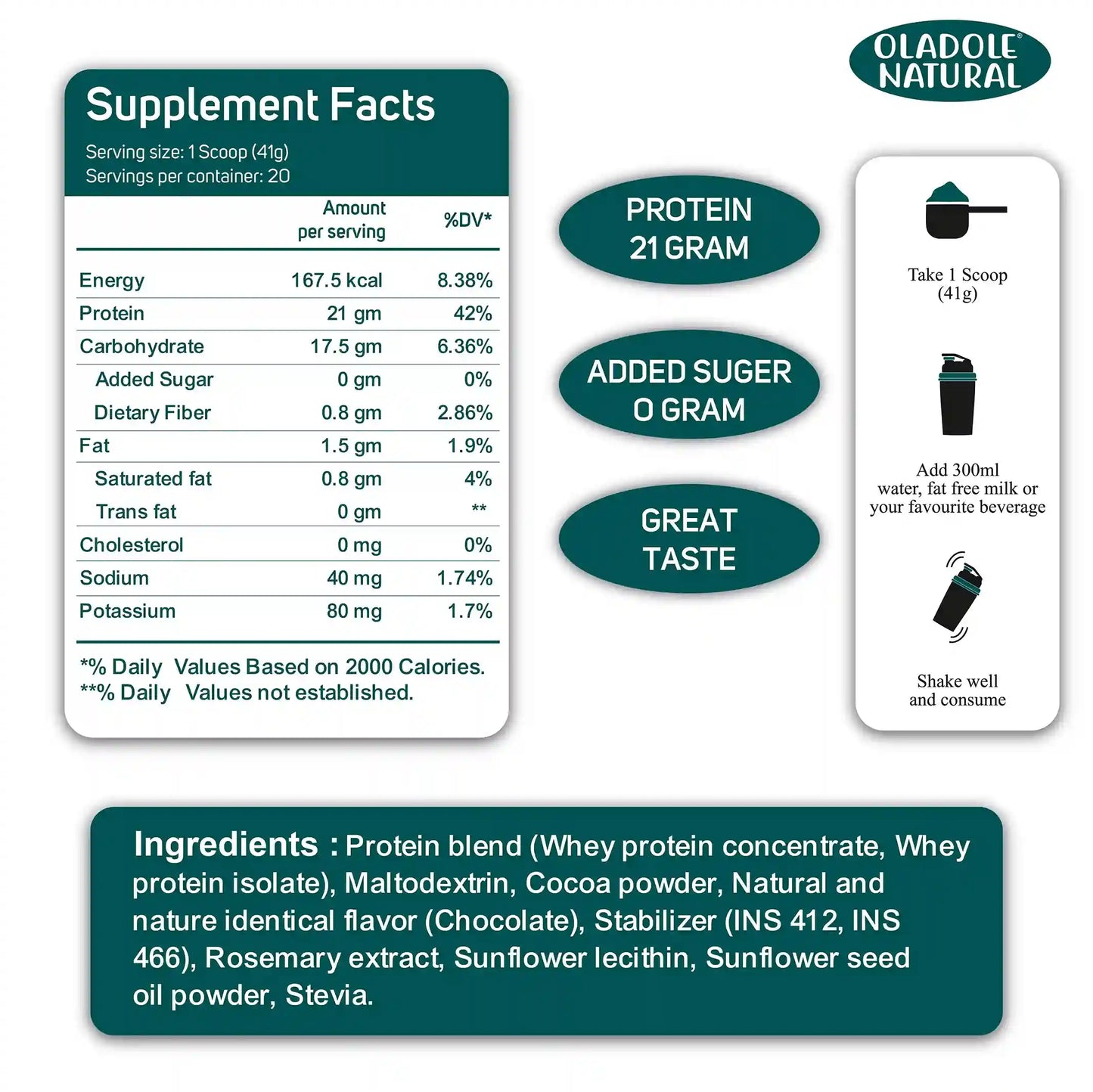 Oladole Natural Whey Protein Powder 820g Chocolate Bean