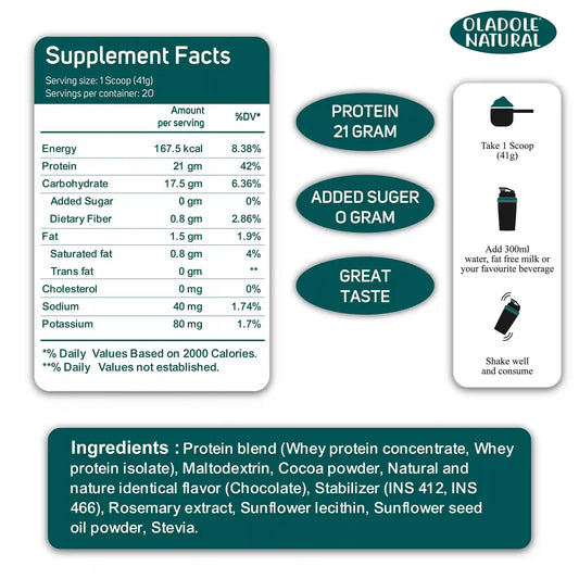 Oladole Natural Whey Protein Powder 820g Chocolate Bean