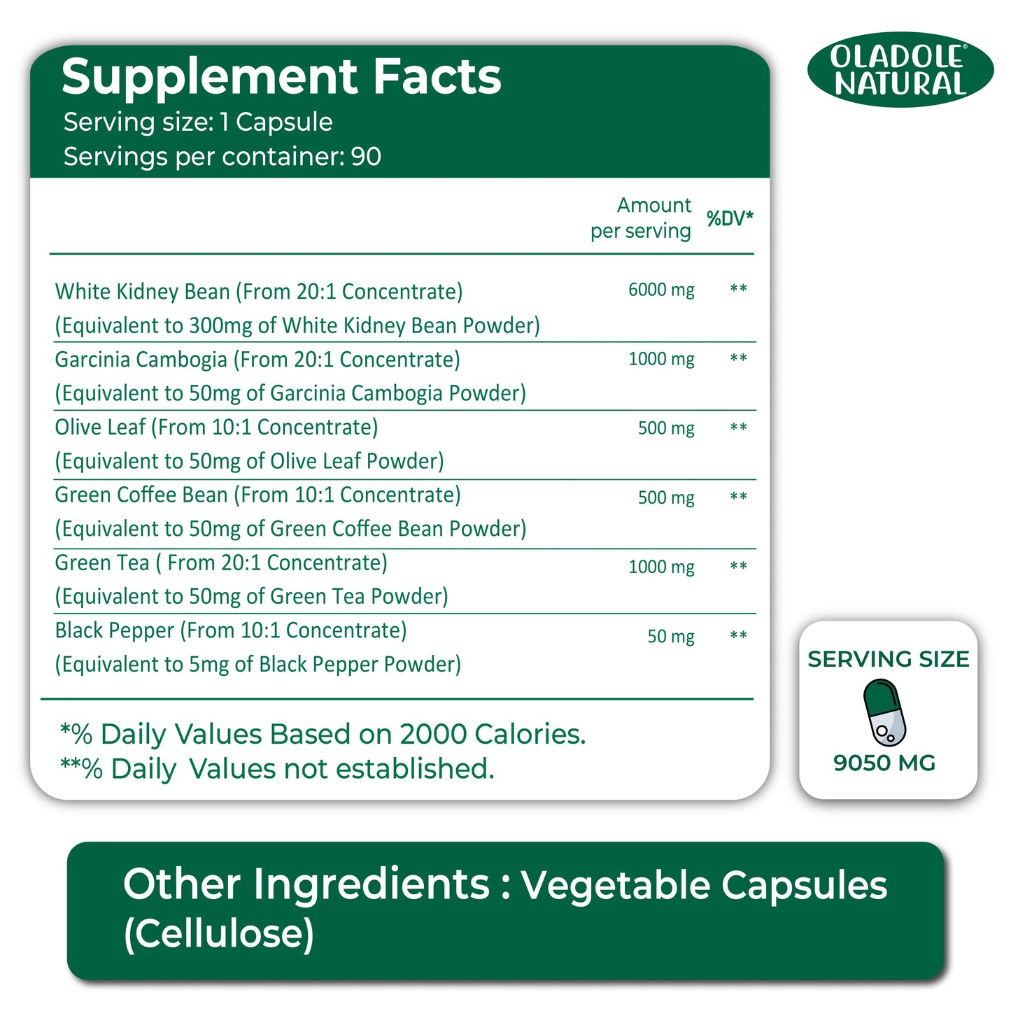 Oladole Natural White Kidney Bean 9050mg - 90 Capsules