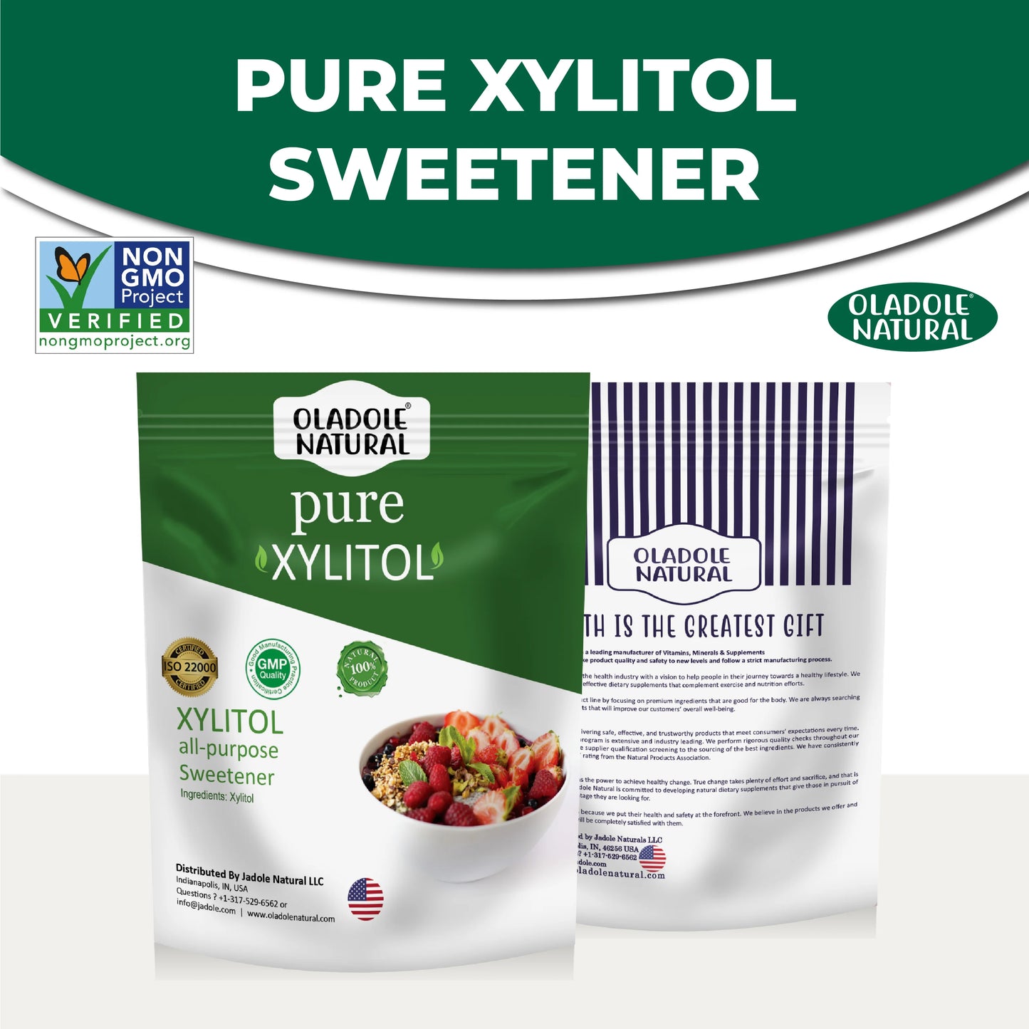 Oladole Natural pure Xylitol sweetener packaging with branding and certification logos.