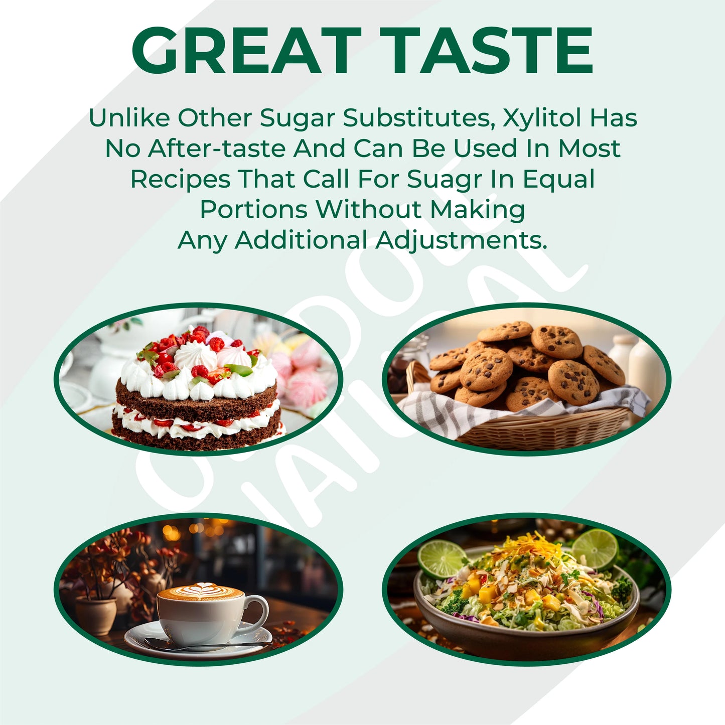 Advertisement for xylitol with images of a cake, cookies, coffee, and salad on a light green background.