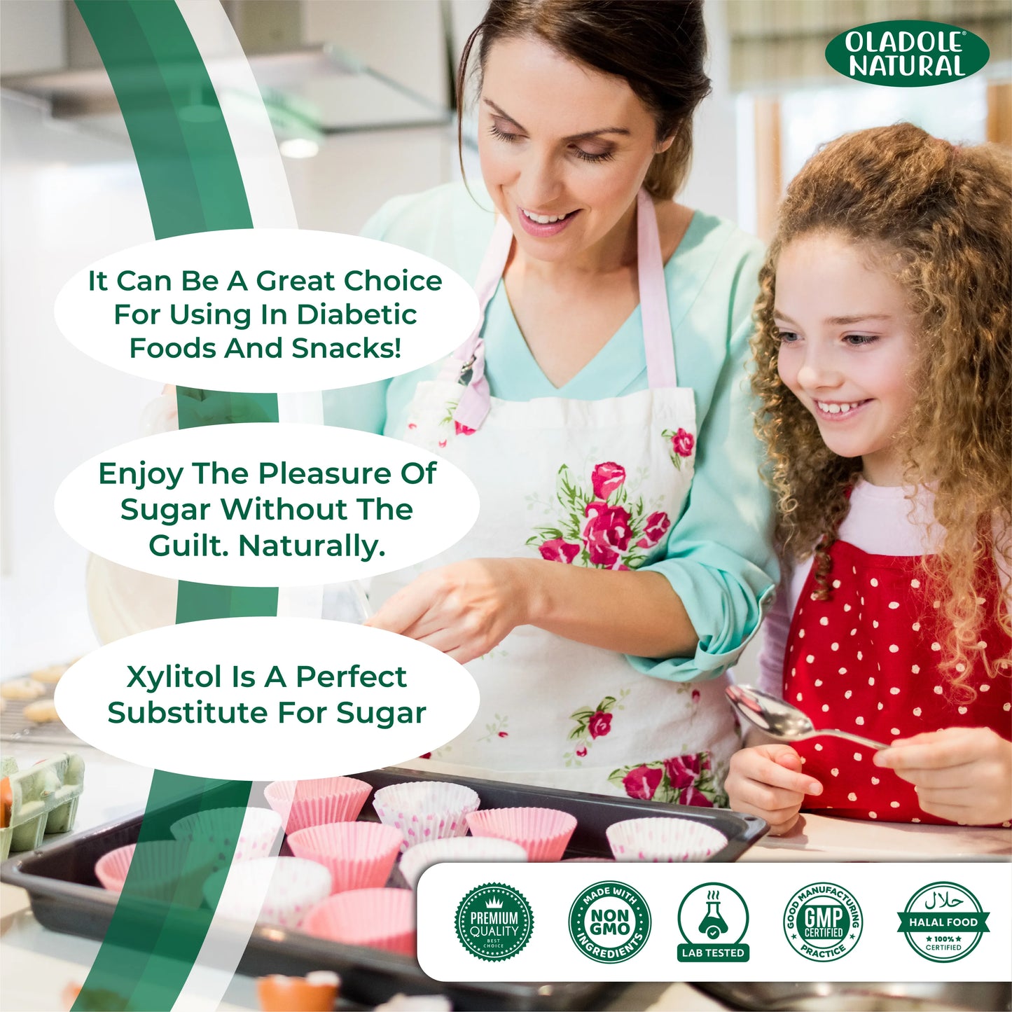 Woman and child baking together with Oladole Natural branding and product information.