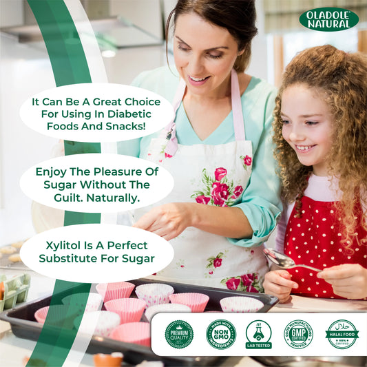 Woman and child baking together with Oladole Natural branding and product information.