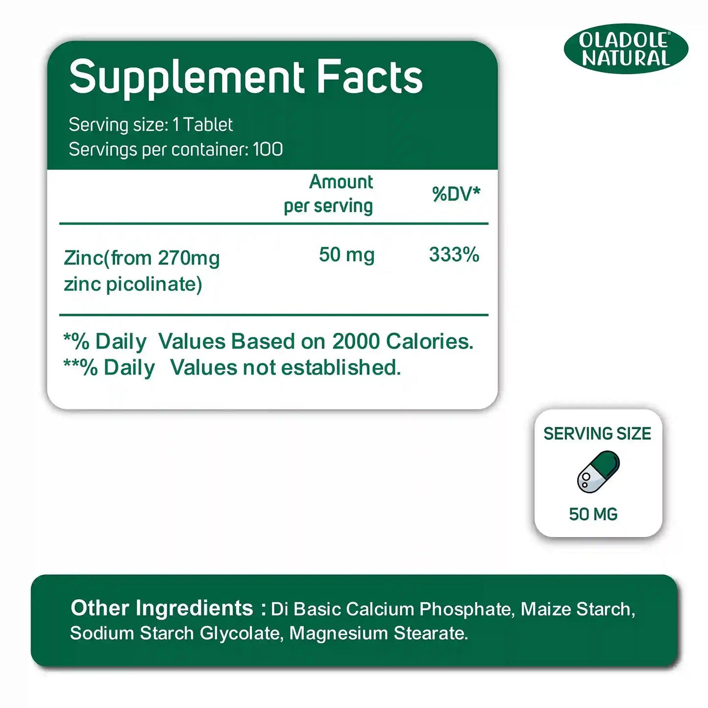 Oladole Natural Zinc Picolinate 50mg 100 Tablets