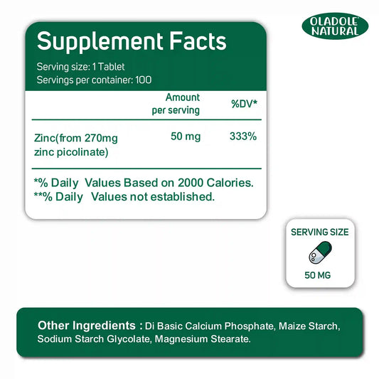 Oladole Natural Zinc Picolinate 50mg 100 Tablets