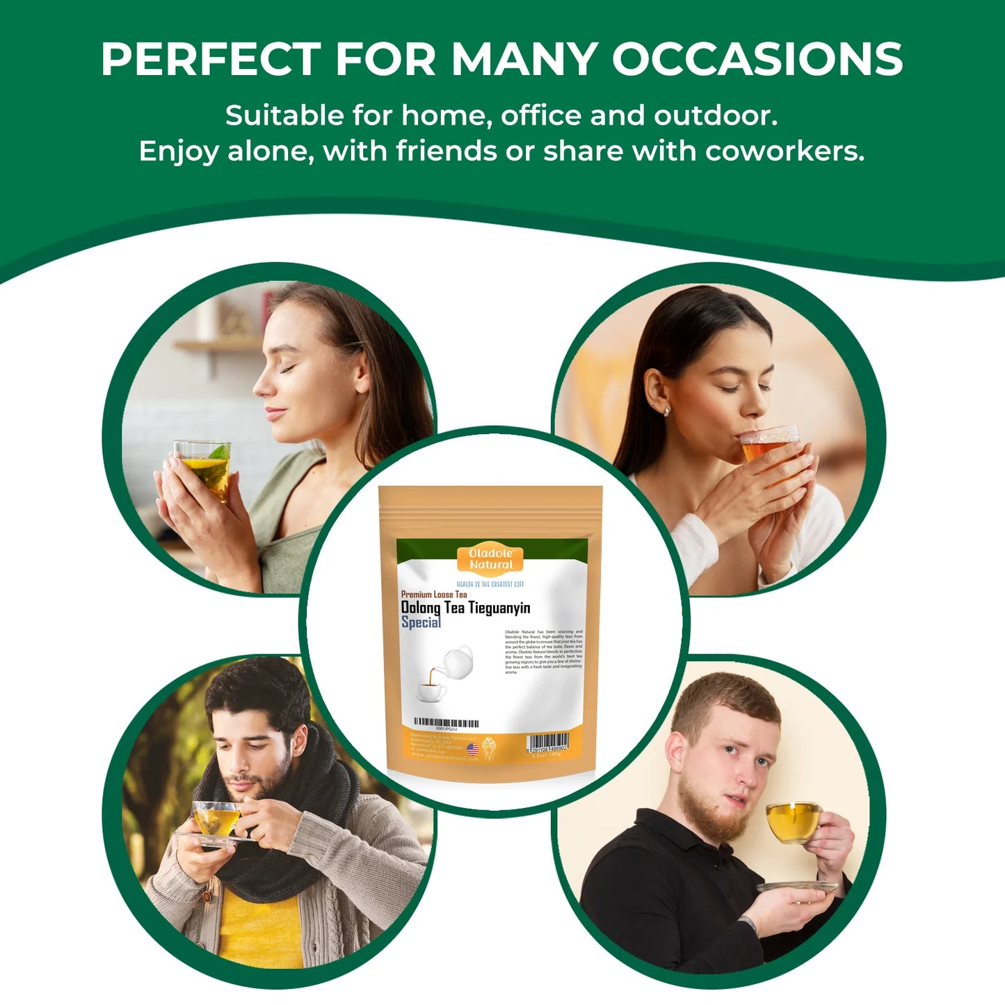 Tea packaging with people enjoying tea in various settings on a green and white background.