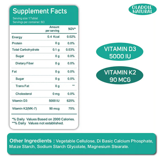 Oladole Natural Vitamin D3 5000 IU + K2 Bone Health Support 60 Softgels