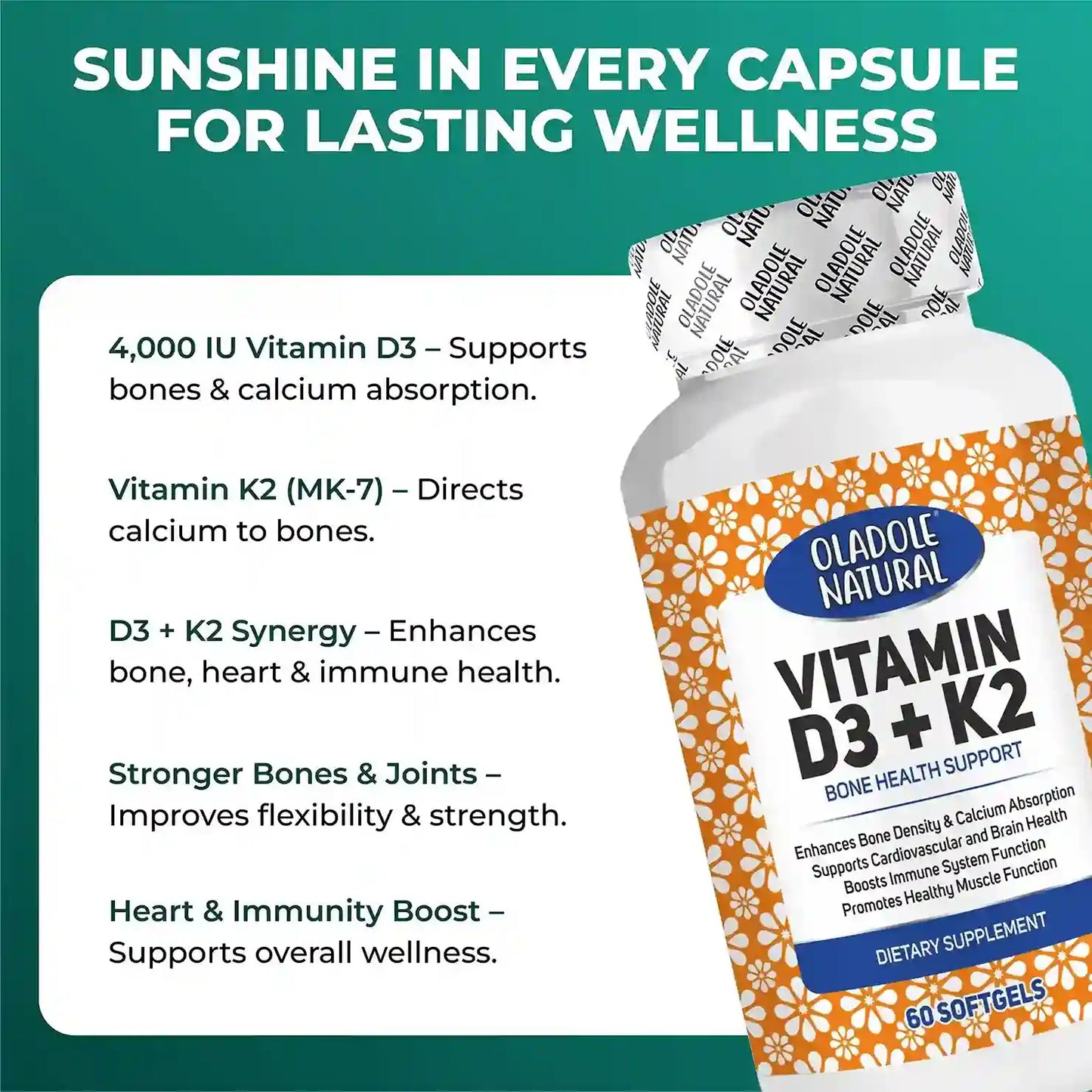 Oladole Natural Vitamin D3 5000 IU + K2 Bone Health Support 60 Softgels