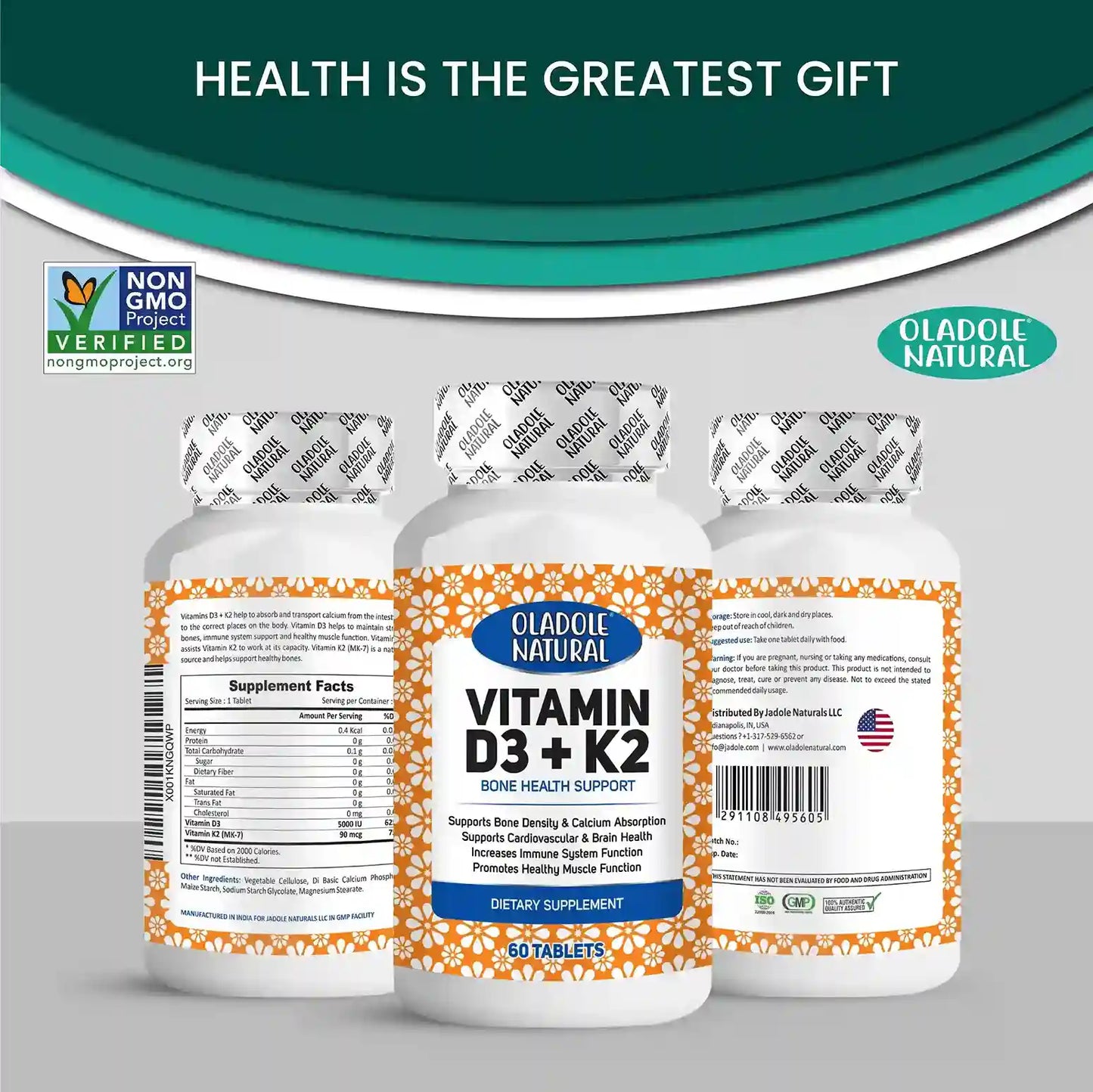 Oladole Natural Vitamin D3 5000 IU + K2 Bone Health Support 60 Softgels