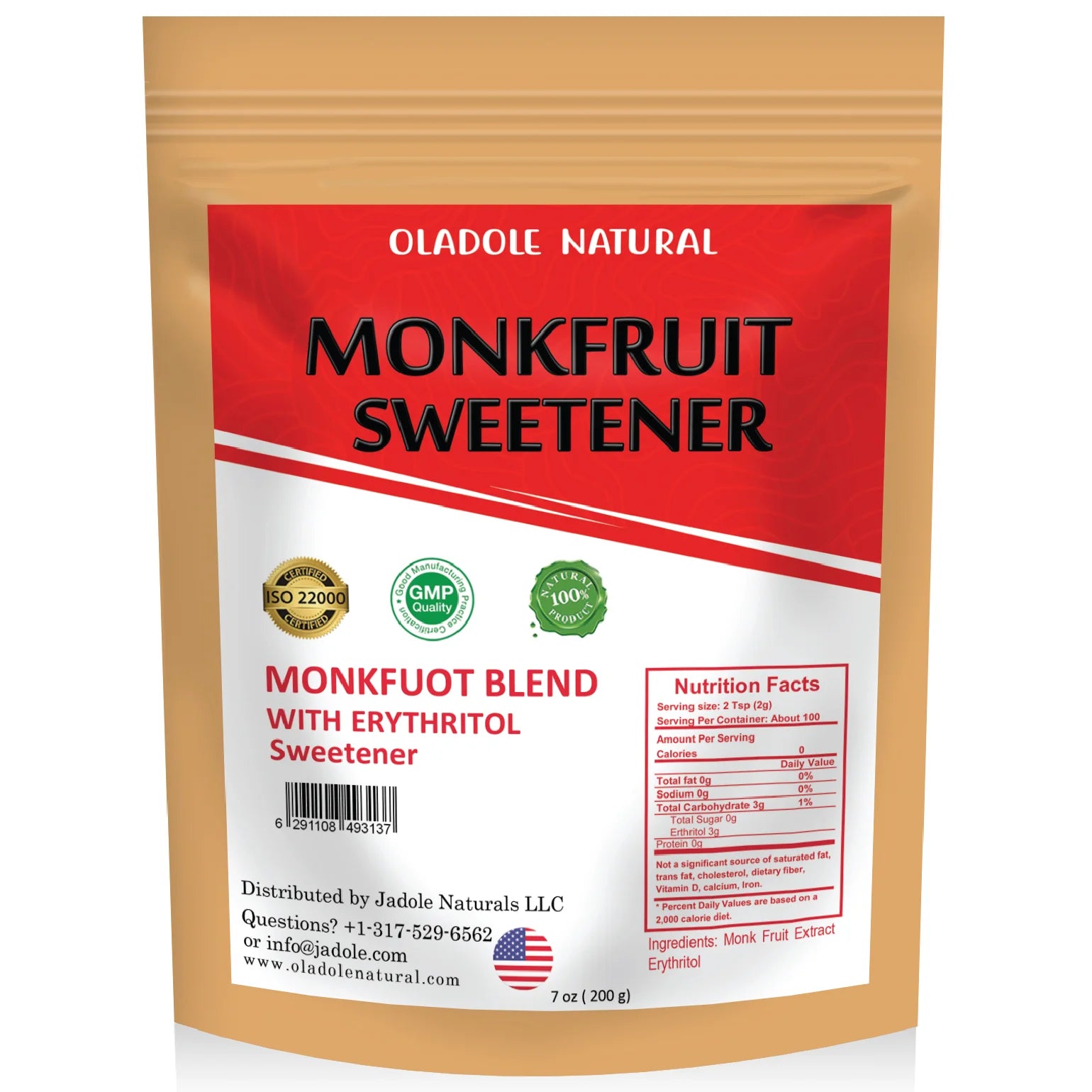 مُحلي فاكهة الراهب الطبيعي من أولادول، 200 غرام مع سكر الإريثريتول 