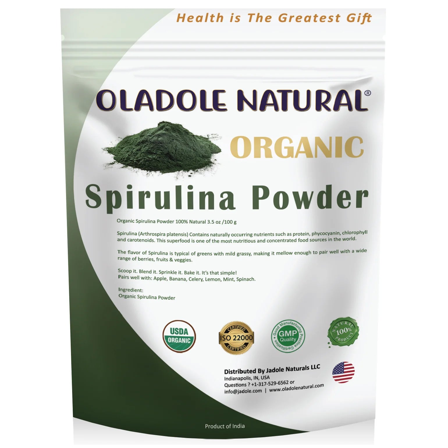 مسحوق سبيرولينا العضوي الطبيعي من أولادول، 100 غرام 